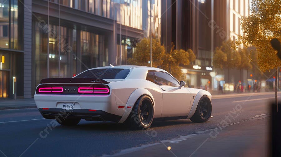 Carro esportivo branco com luzes rosas em rua da cidade ao entardecer
