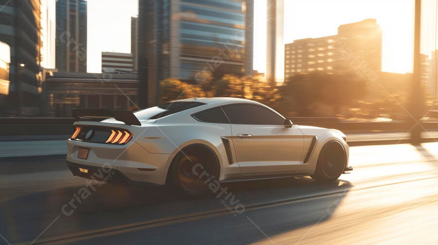 Carro esportivo branco em alta velocidade na cidade ao pôr do sol dourado