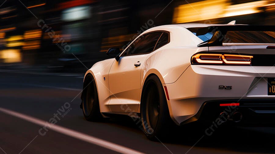 Carro esportivo branco Camaro em movimento rápido na rua noturna com luzes