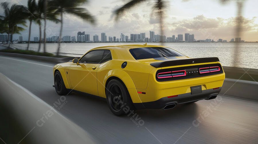 Muscle car amarelo em alta velocidade na estrada costeira ao entardecer