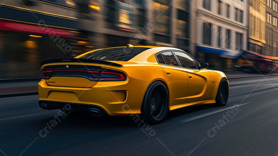 Dodge Charger amarelo vibrante em alta velocidade na rua da cidade moderna