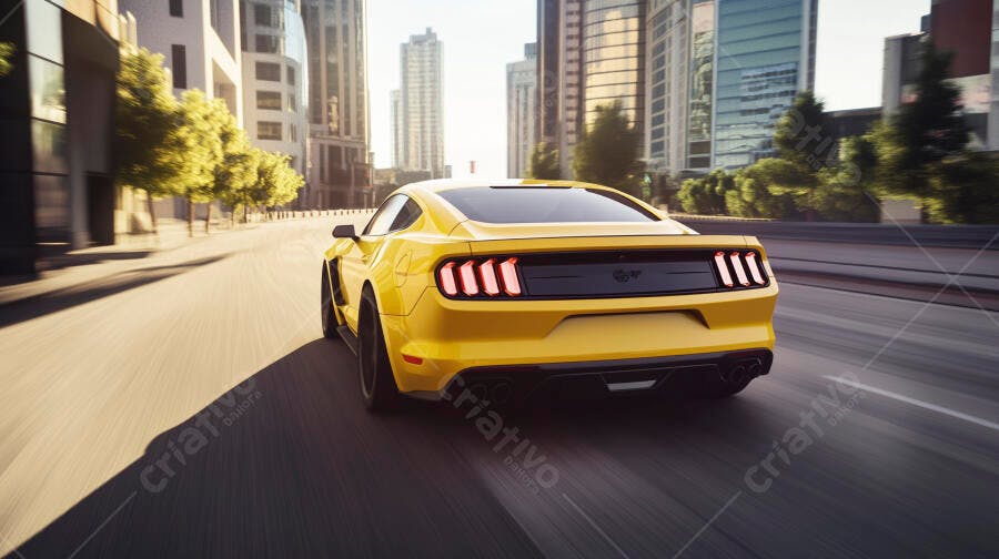 Carro esportivo amarelo em movimento rápido na rua urbana da cidade moderna