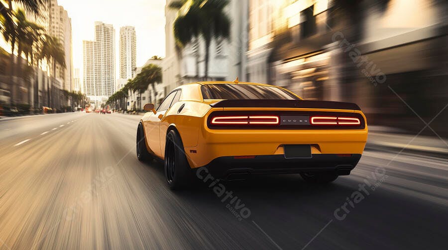 Carro esportivo amarelo Dodge Challenger na cidade ao por do sol