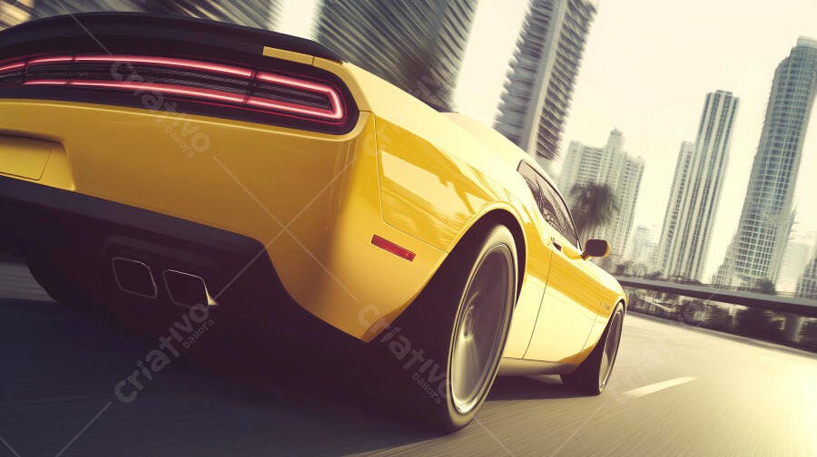 Carro esportivo amarelo potente em alta velocidade na cidade moderna