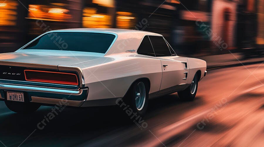Muscle car vintage bege em alta velocidade na rua da cidade à noite