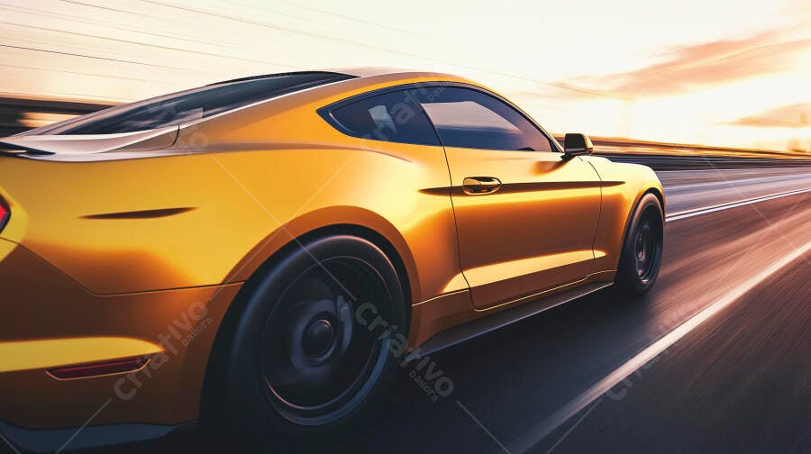 Carro esportivo dourado em alta velocidade na estrada ao pôr do sol