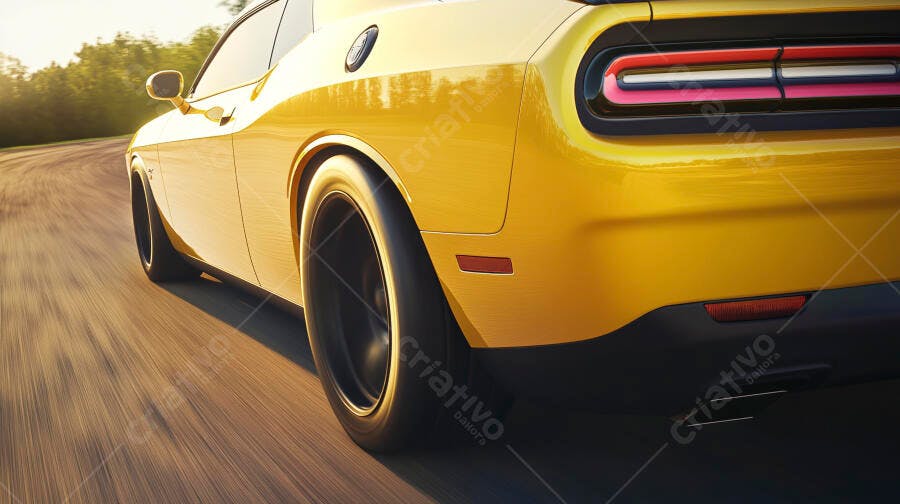 Carro esportivo amarelo em alta velocidade na estrada ao pôr do sol