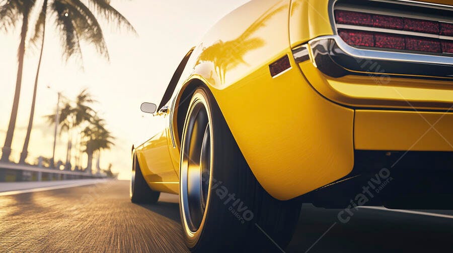 Carro esportivo amarelo clássico na estrada com palmeiras ao por do sol