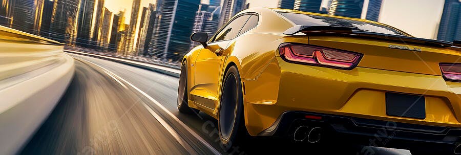 Carro esportivo amarelo em alta velocidade na curva urbana ao entardecer