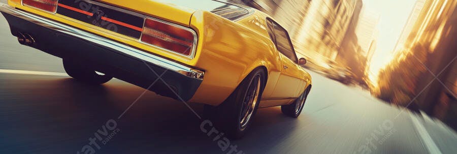 Carro clássico amarelo em alta velocidade na cidade ao entardecer