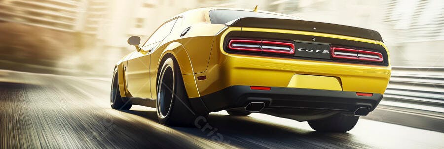 Muscle car amarelo potente em alta velocidade na estrada