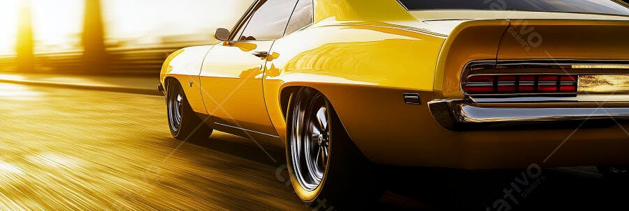 Carro esportivo clássico amarelo em alta velocidade com luz dourada