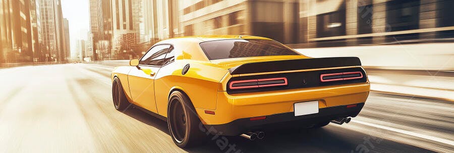 Muscle car amarelo em alta velocidade na rua da cidade