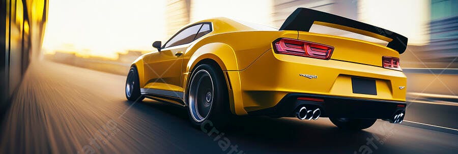 Carro esportivo amarelo veloz em estrada urbana ao pôr do sol