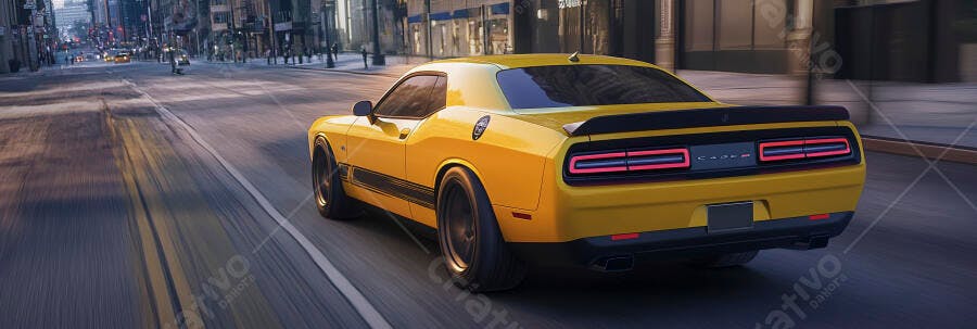 Carro esportivo amarelo em movimento na rua da cidade à noite