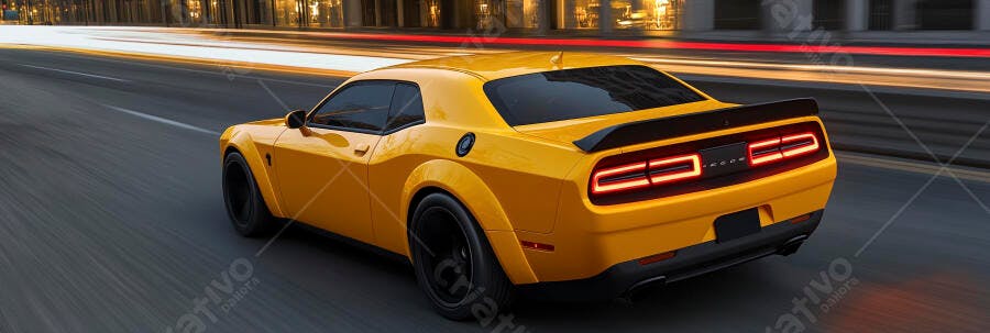 Carro esportivo amarelo moderno em alta velocidade na rua urbana noturna com rastros de luz