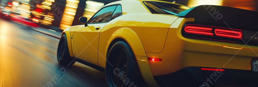 Muscle car amarelo em movimento rápido na rua da cidade à noite