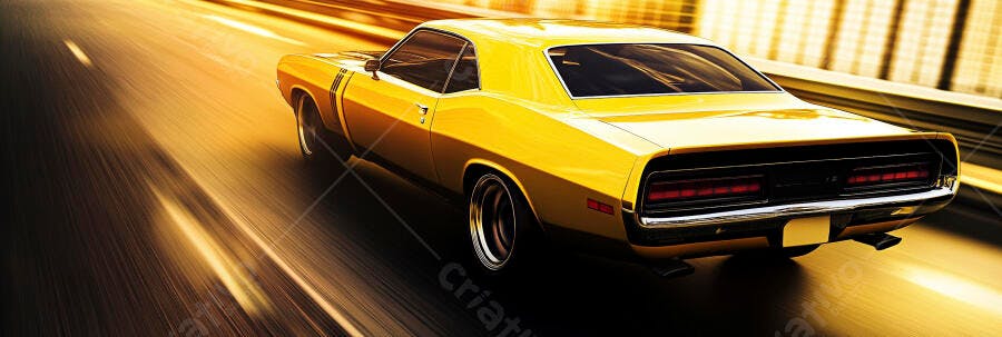 Carro esportivo amarelo clássico em movimento rápido na estrada