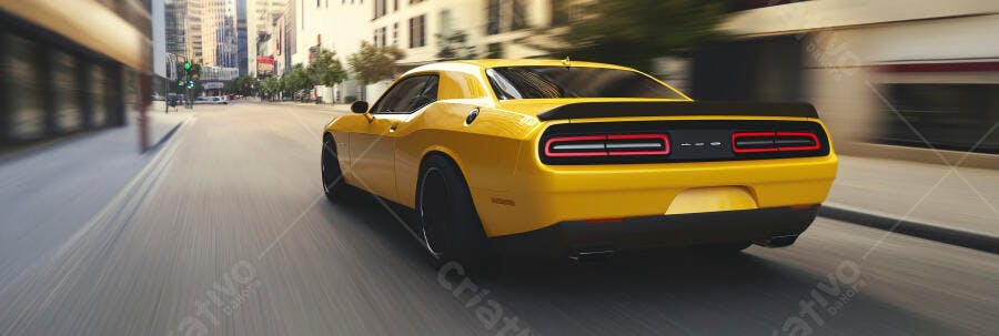 Carro esportivo amarelo em movimento rápido na rua da cidade com prédios