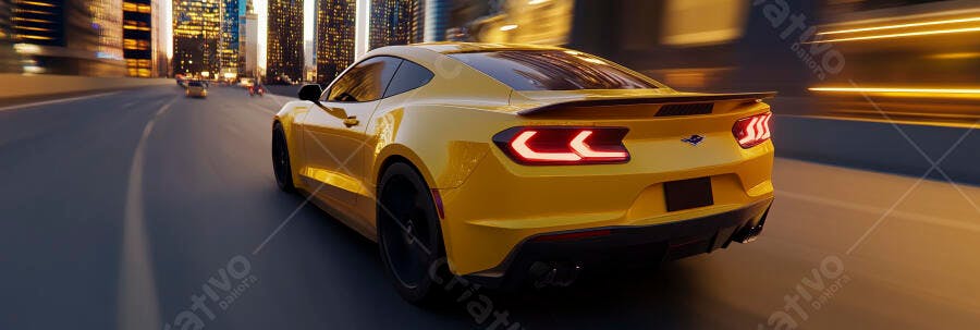Mustang esportivo amarelo em alta velocidade na cidade à noite