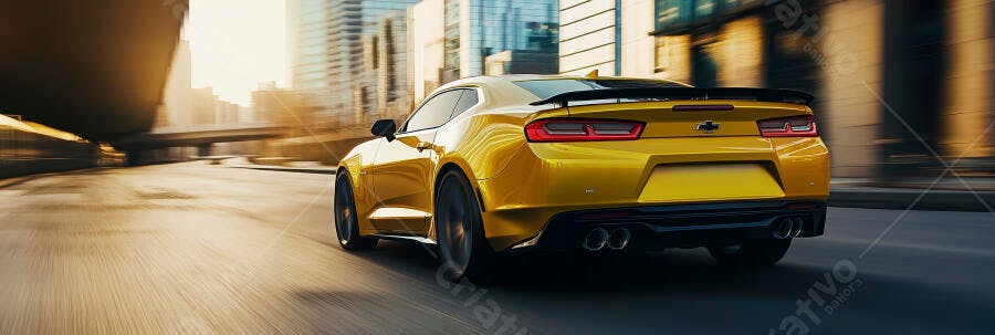 Carro esportivo amarelo veloz em rua de cidade moderna