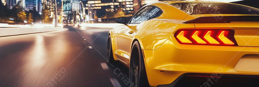 Carro esportivo amarelo em alta velocidade na cidade noturna