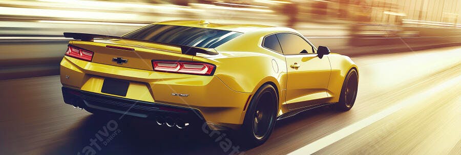 Carro esportivo amarelo Chevrolet Camaro em movimento rápido na estrada