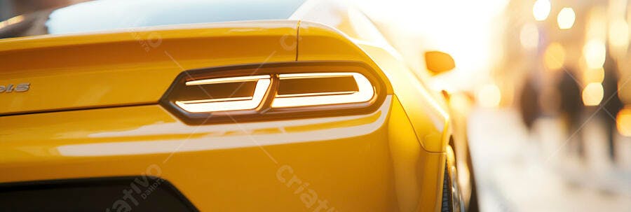 Carro esportivo amarelo com luzes traseiras acesas ao sol intenso