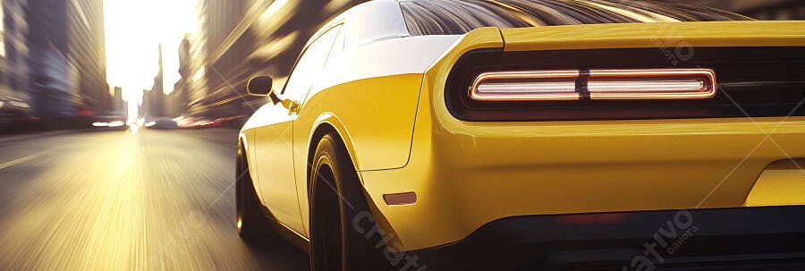 Muscle car amarelo vibrante na cidade com efeito de movimento