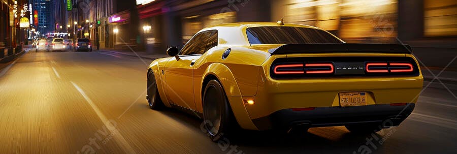 Carro esportivo amarelo moderno em rua urbana à noite em movimento