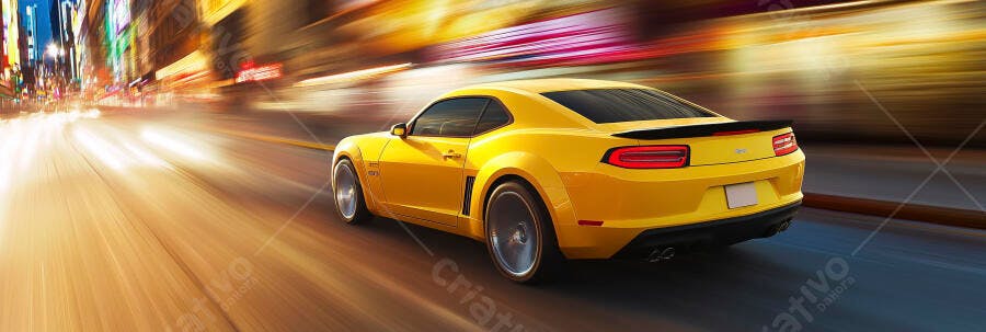 Carro esportivo amarelo em alta velocidade na cidade à noite