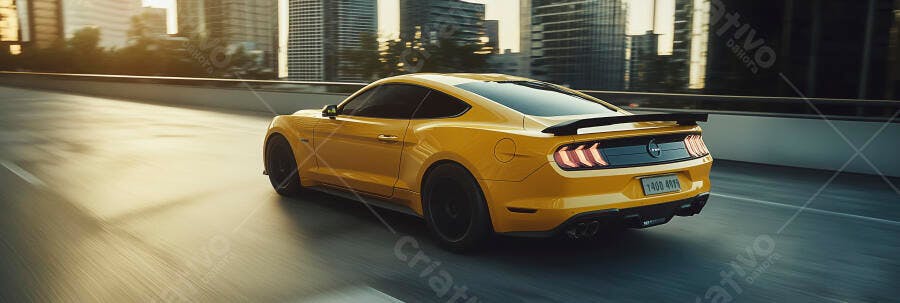 Carro esportivo amarelo Ford Mustang em alta velocidade na cidade ao entardecer