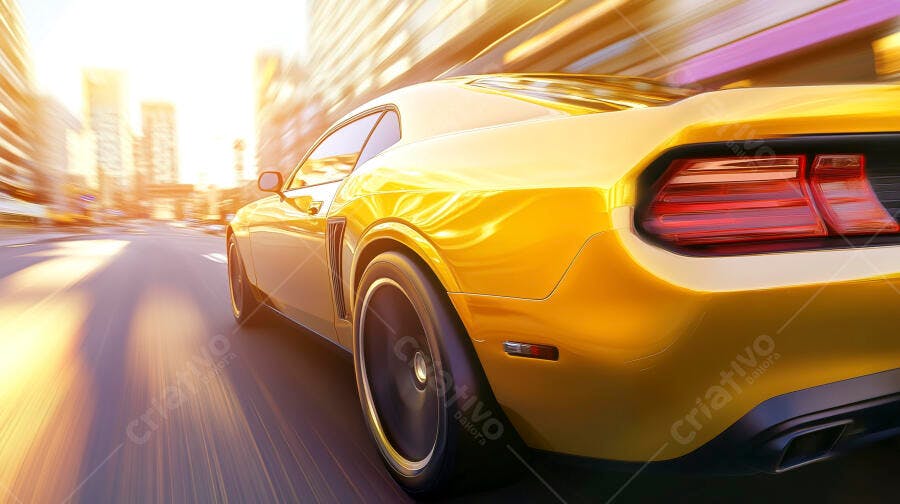 Carro esportivo amarelo veloz em rua de cidade ensolarada