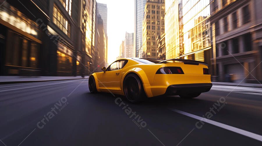 Carro esportivo amarelo em alta velocidade na rua da cidade ao pôr do sol