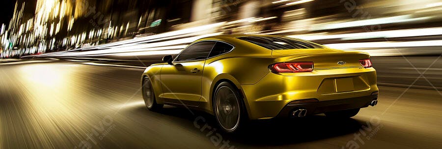 Carro esportivo dourado acelerando na cidade à noite com rastro de luzes