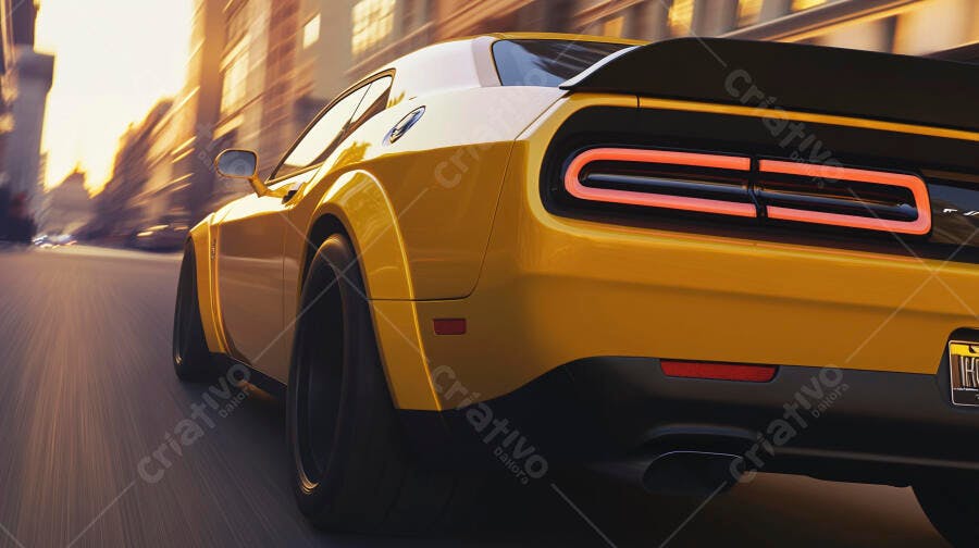 Carro esportivo amarelo em alta velocidade na cidade ao pôr do sol