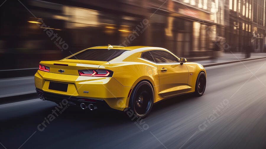Carro esportivo amarelo em alta velocidade na rua da cidade