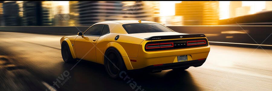 Dodge Challenger amarelo em alta velocidade na cidade ao pôr do sol