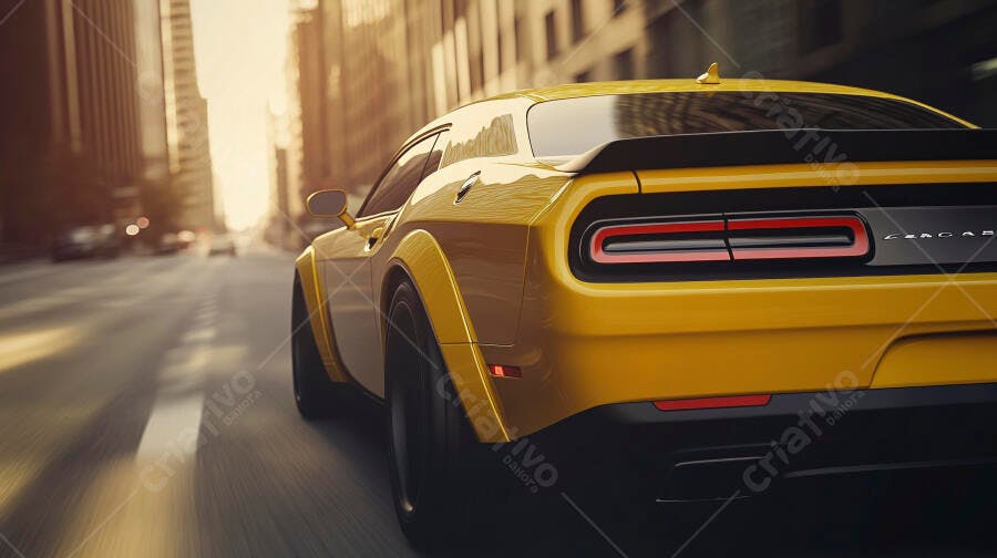 Carro esportivo amarelo em movimento rápido na rua da cidade ao pôr do sol