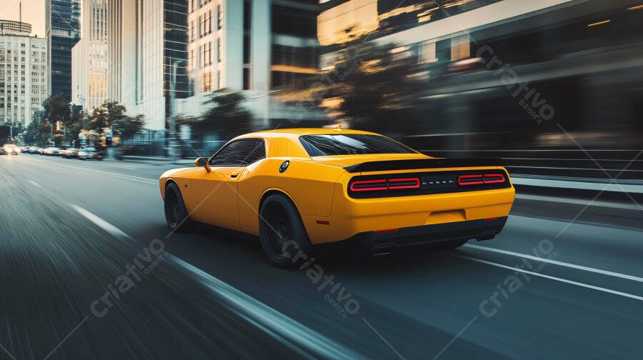 Carro esportivo amarelo em alta velocidade na rua da cidade