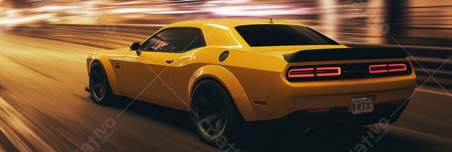 Carro esportivo amarelo em alta velocidade com rastro de luzes na estrada noturna