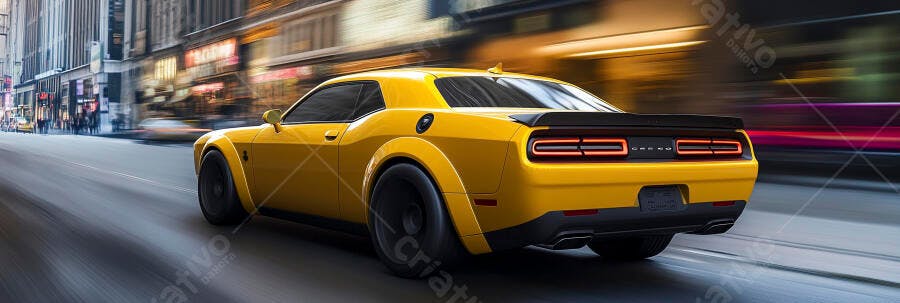 Carro esportivo amarelo Dodge Challenger em movimento urbano noturno