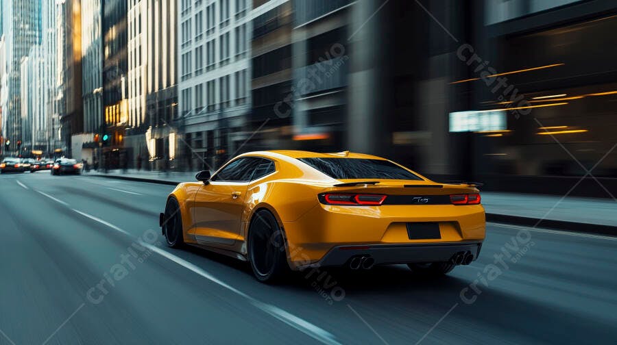 Carro esportivo amarelo potente em movimento rápido na rua da cidade urbana
