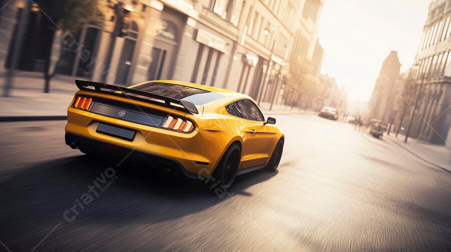 Carro esportivo amarelo em alta velocidade na rua da cidade ao amanhecer
