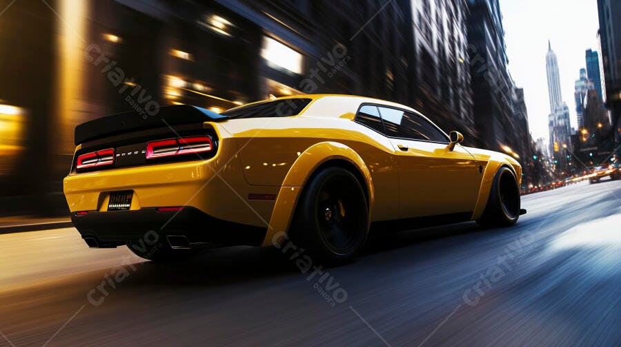 Carro esportivo amarelo Dodge Challenger acelerando na rua noturna da cidade