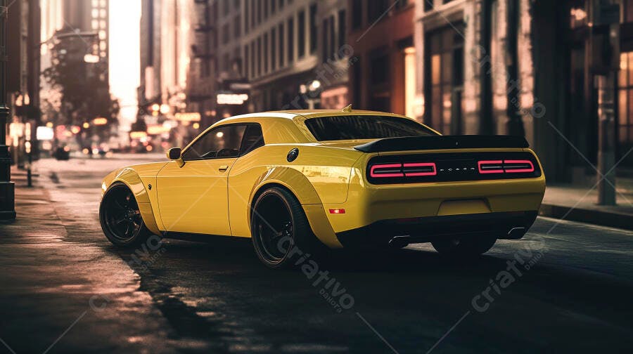 Carro esportivo amarelo vibrante estacionado em rua molhada da cidade ao anoitecer