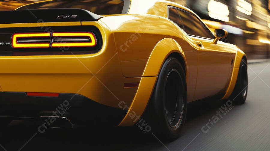 Carro esportivo amarelo em alta velocidade à noite na cidade