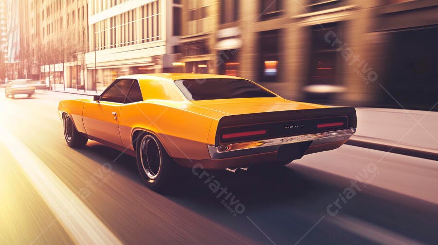 Carro muscle clássico laranja em alta velocidade na rua da cidade ao pôr do sol