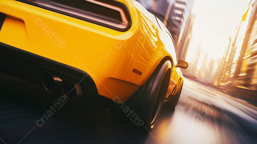 Carro esportivo amarelo em alta velocidade na cidade ao pôr do sol