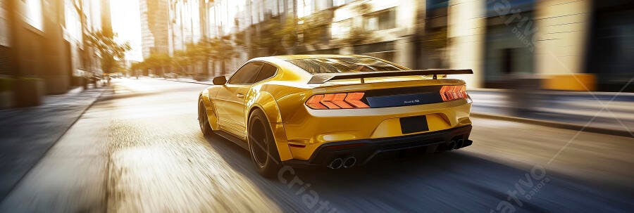 Carro esportivo amarelo em alta velocidade na rua da cidade com sol forte